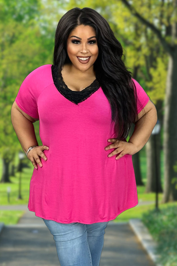 68 SD-M {The One That Got Away} Fuchsia Black Lace Top PLUS SIZE 1X 2X 3X