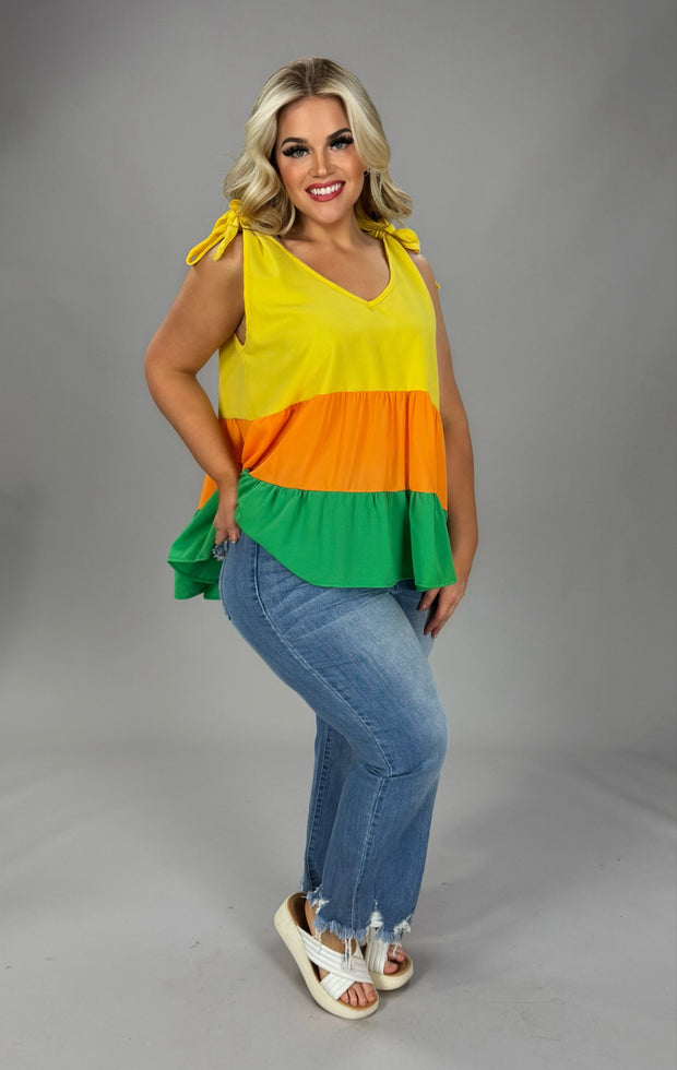 90 SV-Q {Retail Therapy} Yellow Orange GreenTiered Top PLUS SIZE XL 2X 3X