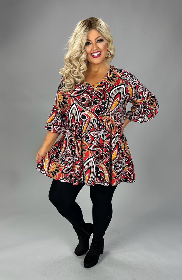 69 PSS {Profess Your Love} Red/Mustard Paisley Babydoll  V-Neck Top EXTENDED PLUS SIZE XL 2X 3X 4X 5X