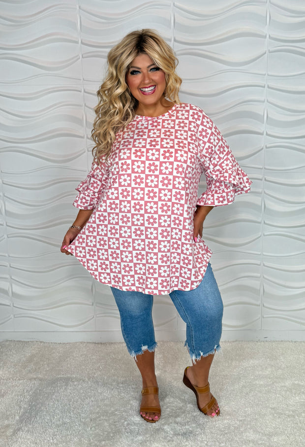 100 PSS {Daisy In Check} Pink Daisy Print Top EXTENDED PLUS SIZE 2X 3X 4X  TRUETO SIZE!!