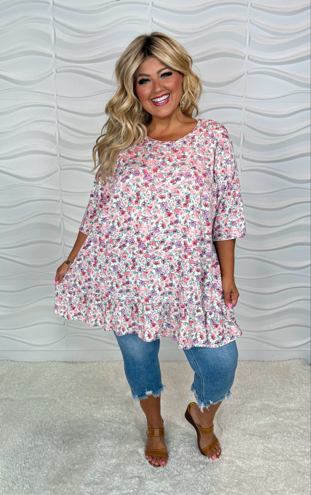 41 PSS {Still Deciding} Pink Lilac Floral Ruffle Hem Top EXTENDED PLUS SIZE 3X 4X 5X