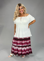 BT-I {Genuine Gratitude} BURGUNDY Tie Dye Tiered Skirt PLUS SIZE 1X 2X  3X