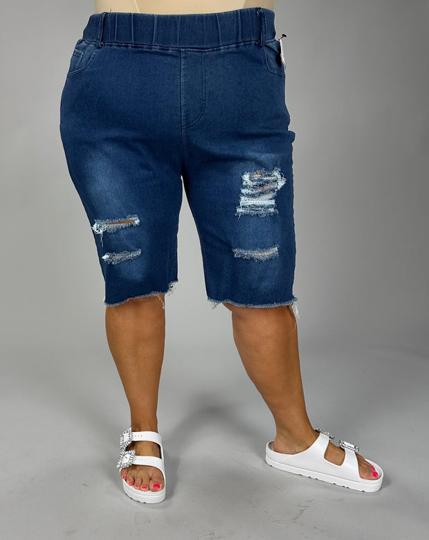 LEG-19 {Made For Me} Blue Denim Distressed Shorts EXTENDED PLUS SIZE 4X/5X  5X/6X