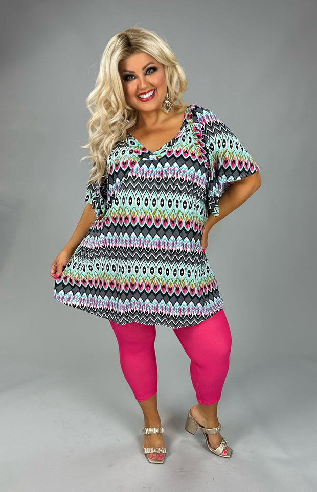 100 PSS {Kaleidoscope} Multi Mosaic Print Flutter Sleeve Top EXTENDED PLUS SIZE 4X 5X 6X