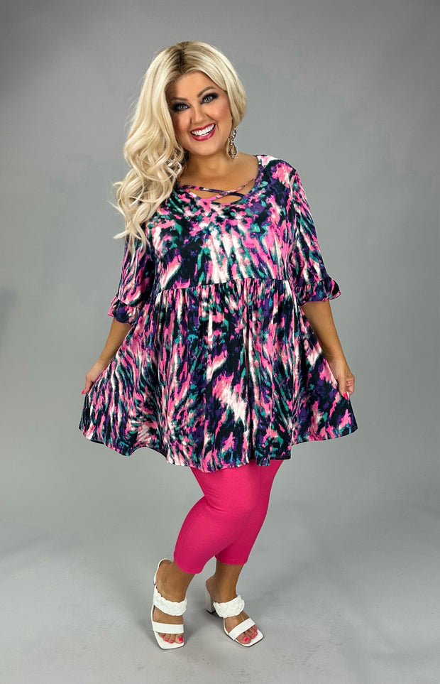 100 PSS {For All Time} Pink Multi Tie Dye Cross Neck Top EXTENDED PLUS SIZE 3X 4X 5X