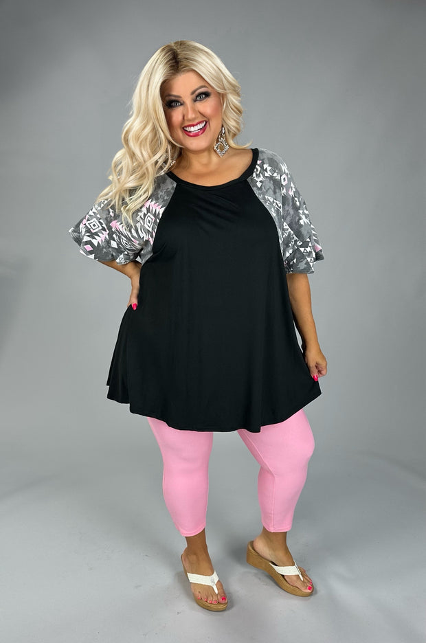 35 CP {I've Got A Feeling} Black Grey Pink Aztec Sleeve Top EXTENDED PLUS SIZE 4X 5X 6X
