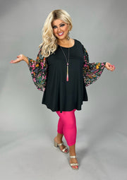 100 CP {Downtown} Black Sheer Green Floral Sleeve Tunic EXTENDED PLUS SIZE 3X 4X 5X
