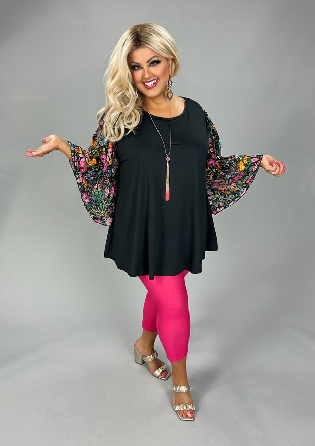 100 CP {Downtown} Black Sheer Green Floral Sleeve Tunic EXTENDED PLUS SIZE 3X 4X 5X