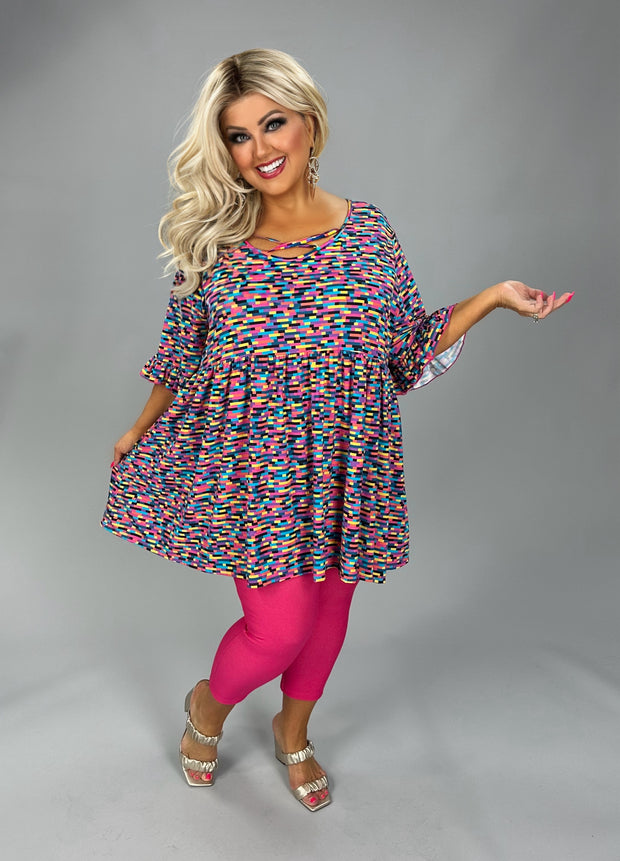 100 PSS {You Got It} Multi Color Rectangle Print Cross Neck Top EXTENDED PLUS SIZE 3X 4X 5X