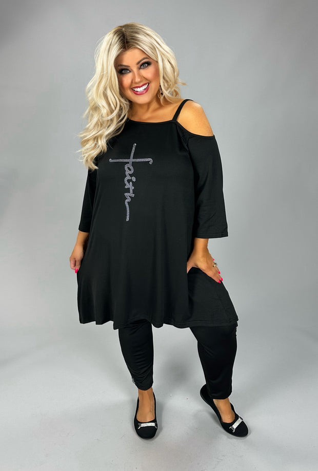 GT {Leap Of Faith} Black Open Shoulder "faith" Tunic CW PLUS SIZE 2X 3X