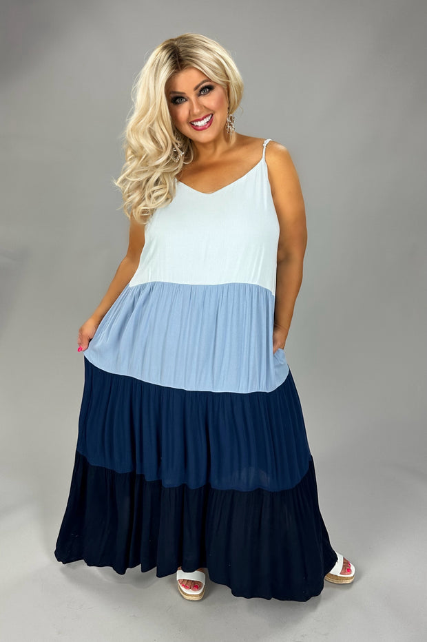 LD-O {Stay A While} Navy Combo Tiered Maxi Dress PLUS SIZE 1X 2X 3X