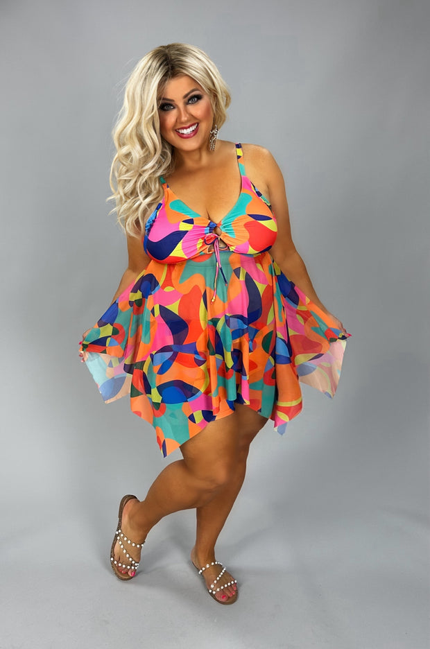 SWIM {Rule The Pool} Orange Mix Geo Print 2 Piece Swimsuit CW EXTENDED PLUS SIZE 3X 5X