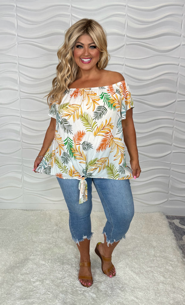 77 OS-J {Meet You Later} Ivory Leaf Print Top PLUS SIZE 1X 2X 3X