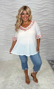 65 CP-A {Like A Dream} White Waffle V-Neck W Floral Detail PLUS SIZE 1X 2X 3X