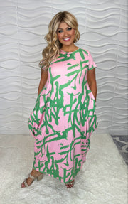 LD-F {All This Love} Pink/Green Print Maxi Bubble Dress PLUS SIZE XL