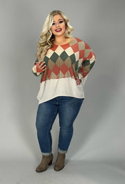 78 CP-B {Put To The Test} Coral Harlequin Print Top PLUS SIZE 1X 2X 3X