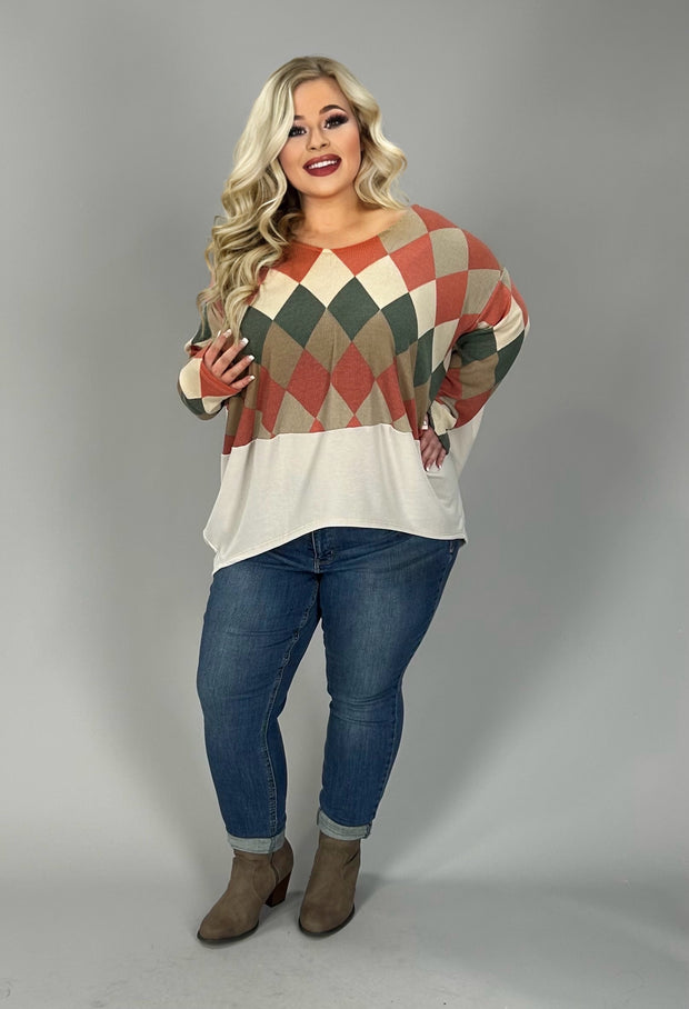 78 CP-B {Put To The Test} Coral Harlequin Print Top PLUS SIZE 1X 2X 3X