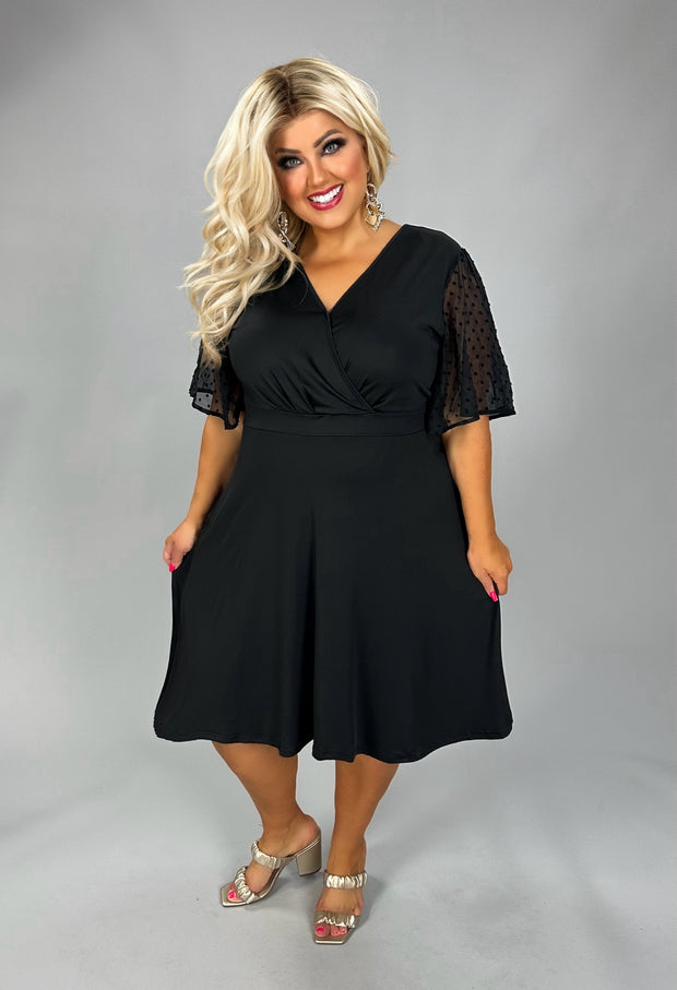 59 SD {Sculpted Style} Black V-Neck Dress w/Swiss Dot Sleeves CW EXTENDED PLUS SIZE 3X 4X 5X