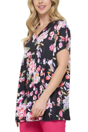 42 PSS {You Heard Me} Black Floral V-Neck Babydoll Top  PLUS SIZE 1X 2X 3X