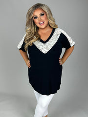 84 CP-C {Inspiring Touch} Black Top W/Lace Contrast PLUS SIZE 1X 2X 3X