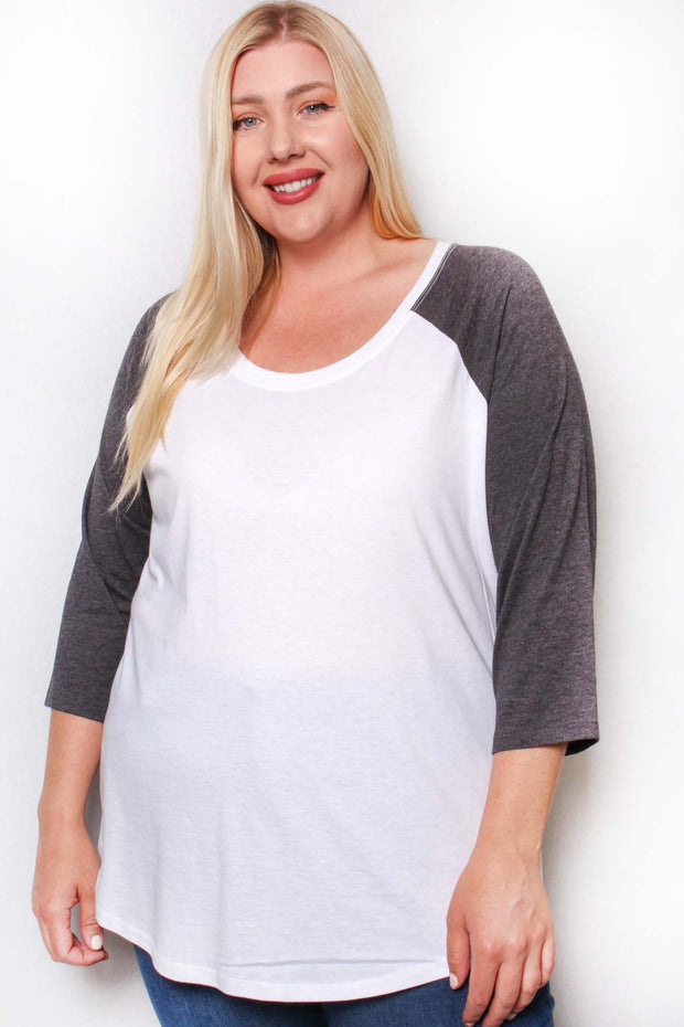 68 CP {Time To Play} White/Med Heather Grey Raglan Tee Plus Size 00 0 1X 2X