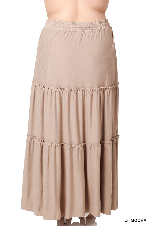 LEG-10 {Promising Future} Lt. Mocha Tiered Maxi Skirt PLUS SIZE 1X 2X 3X