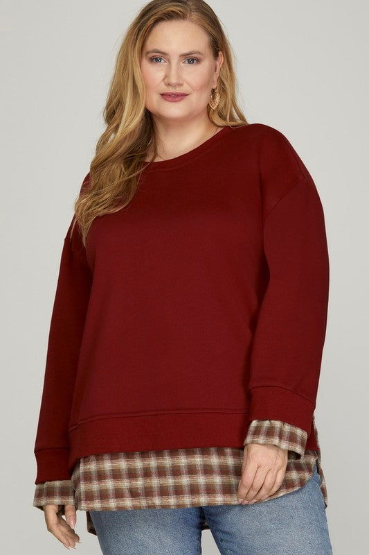 17  CP [Campfire & Smores Season} Wine & Plaid Sweatshirt Top PLUS SIZE XL 1X 2X