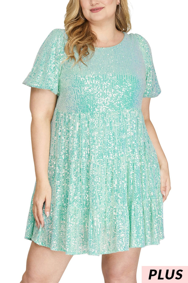 27 SSS {Not Playing Anymore} Aqua  Sequin Tiered Lined Dress PLUS SIZE XL 1X 2X