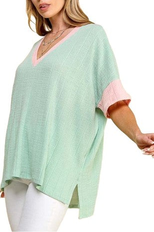 74 CP {Let's Get Honest} Mint/Peach Ribbed V-Neck Top PLUS SIZE 1X 2X 3X