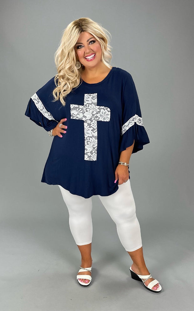 41 SD-T {Mighty Cross} Navy/Ivory Lace Cross & Sleeve Detail Top   PLUS SIZE XL 2X 3X (May Size Down 1 Size)