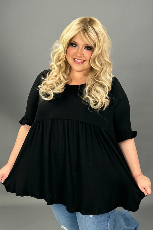 29 SSS-D {Curvy Is My Fav} Black Babydoll Ruffle Sleeve Tunic  PLUS SIZE XL 2X 3X  (May Size Down 1 Size)