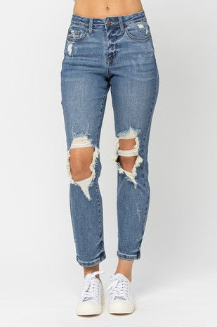 LEG-117 {Judy Blue} Med Blue Destroyed Boyfriend Jeans EXTENDED PLUS SIZE 14 16 18 20 22 24