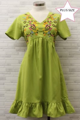 33 SD-A {Young At Heart} Lime  Embroidered Dress PLUS SIZE 1X 2X 3X