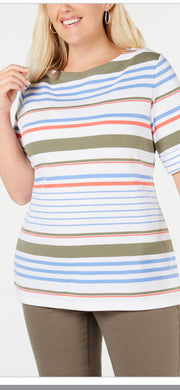 PSS-A M-109 {Karen Scott} White Multi Striped Top Retail $36.50 PLUS SIZE