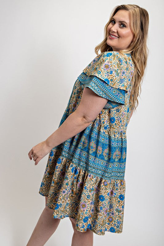 26 PSS {Sweet Reveal} GiGiO Blue Floral Tiered Dress PLUS SIZE XL 1X 2X