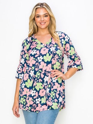 100 PSS {Choose Happy} Navy/Pink Floral V-Neck Top EXTENDED PLUS SIZE 2X 3X 4X  TRUE TO SIZE!!