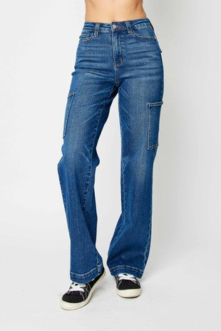 LEG-84 {Judy Blue} Dk Blue High Waist Wide Leg Cargo Jeans EXTENDED PLUS SIZE 16 18 20 22 24