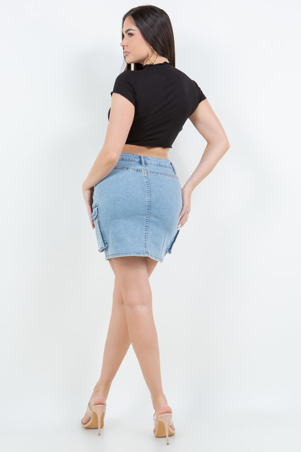 BT-L {Born Brave} Med Blue Cargo Distressed Mini Skirt EXTENDED PLUS 14 16 18 20 22 24