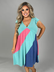 67 CP-D {The Joy Of Color} Mint Color Block Babydoll Dress PLUS SIZE 1X 2X 3X