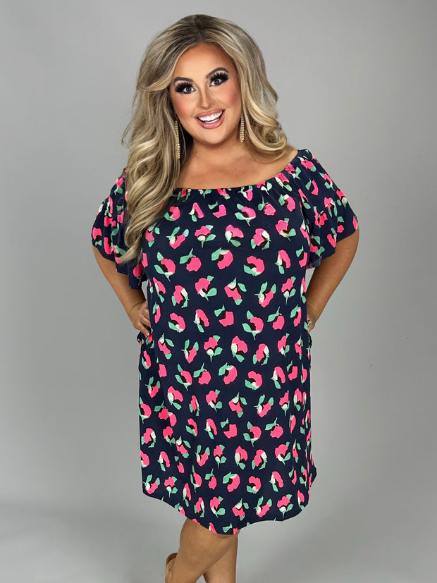 37 OS-A {Always On My Mind} Navy Floral Off Shoulder Dress PLUS SIZE 1X 2X 3X