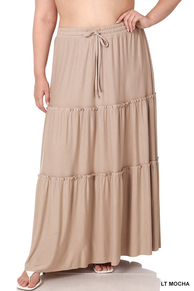 LEG-10 {Promising Future} Lt. Mocha Tiered Maxi Skirt PLUS SIZE 1X 2X 3X