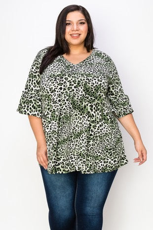 65 PSS {No Time To Waste} Green Leopard Print Babydoll Top EXTENDED PLUS SIZE 3X 4X 5X