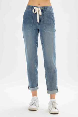 BT-P {Judy Blue} Med Blue High Waist Drawstring Jeans EXTENDED PLUS SIZE 24