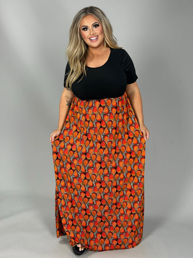 LD-D {Fall Festival) } Black & Orange Print Maxi Dress PLUS SIZE 1X 2X 3X