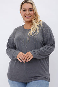 28 SLS [Classy All Around} VOCAL  Studded Gray Round Neck Top PLUS SIZE 1X 2X 3X