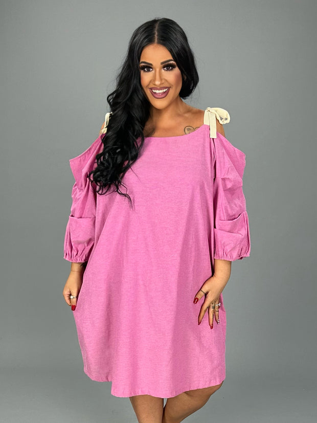 OS-S {Strawberry Shake} Pink Dress with Ruched Sleeves