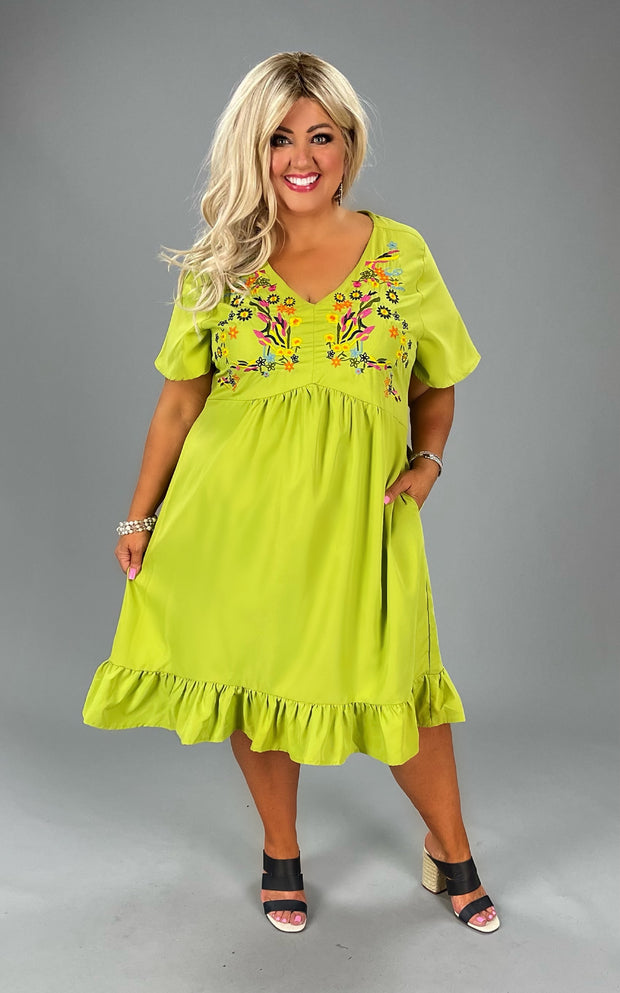 33 SD-A {Young At Heart} Lime  Embroidered Dress PLUS SIZE 1X 2X 3X
