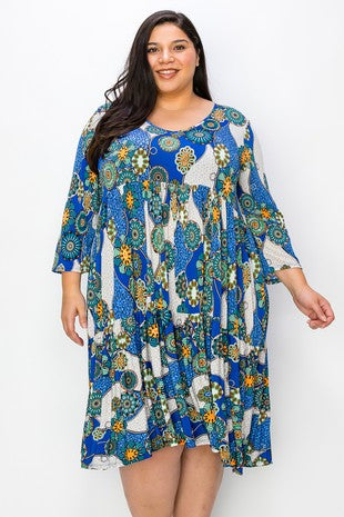 58 PQ {Mandala Perfection} Royal Blue Mandala Print Dress  PLUS SIZE XL 2X 3X