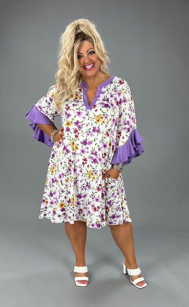 33 CP-C {Floral Dreams} Lavender Floral Ruffle Sleeve Dress PLUS SIZE XL 2X 3X