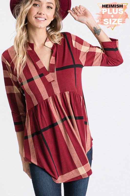 SALE!!  34 PQ {Keep It Stylish} Burgundy/Taupe Plaid Babydoll Top PLUS SIZE 1X 2X 3X